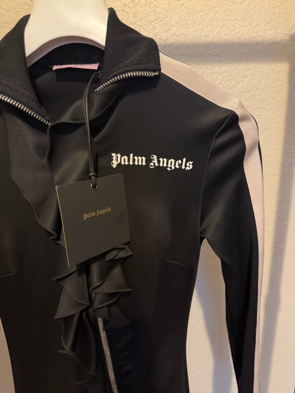 Authentic Palm Angels Black Jacket with Pale Pink Shoulder Stripe